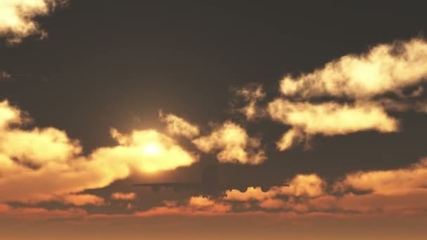 4 k flygplan lyfta, flyger till solen, rullande moln. — Stockvideo