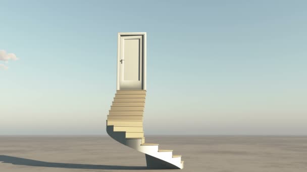 4 k 扇敞开的门与楼梯，游戏中时光倒流在广阔的平原，飞云-科幻情景 — 图库视频影像