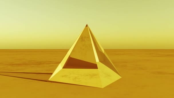 Piramide di vetro a rotazione 4K dal cielo a terra nel deserto, mondo fantascientifico . — Video Stock