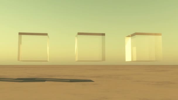 4K tres cubos de vidrio girando del cielo a la tierra, en el desierto . — Vídeos de Stock