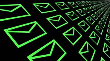 4k, E-posta zarf, uçan posta, gelecekteki tech ekran arka planı.