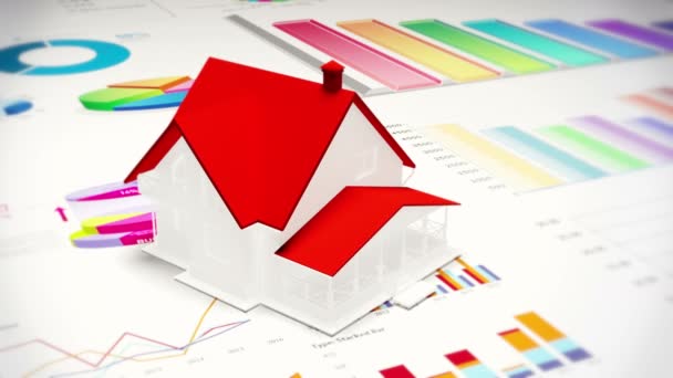 4k, rotující 3d model domu na finance výsečové grafy & diagramy trendů podnikání. — Stock video