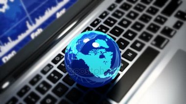 4 k döndürme dünya model laptop, finans hisse senedi eğilim diyagramları.