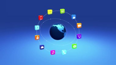 4 k, Internet kavramı, çevrimiçi hizmetler simgeler, dünya döner etrafında sosyal medya.