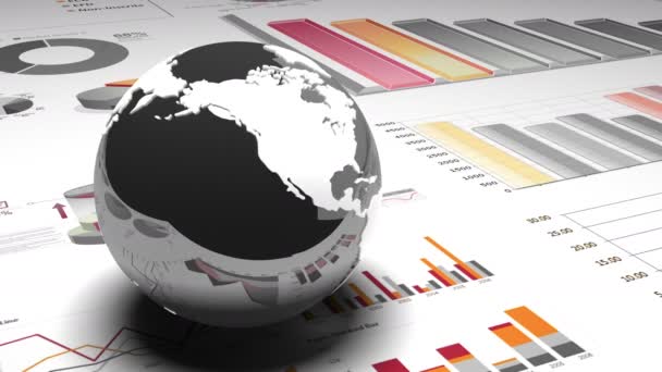 4k, rotierendes Erdmodell auf den Finanzkuchendiagrammen & Trenddiagrammen. — Stockvideo