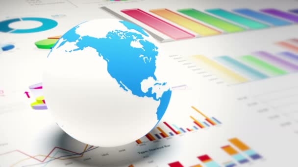 4k, modello di terra rotante sui grafici a torta finanza & diagrammi di tendenza aziendale . — Video Stock