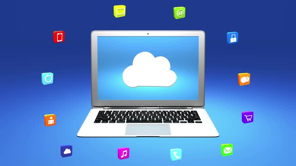 4k, concetto di internet, icone dei servizi online, social media intorno al computer cloud . — Video Stock