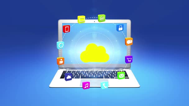 4k, concepto de Internet, iconos de servicios en línea, redes sociales alrededor de la computadora en la nube . — Vídeos de Stock
