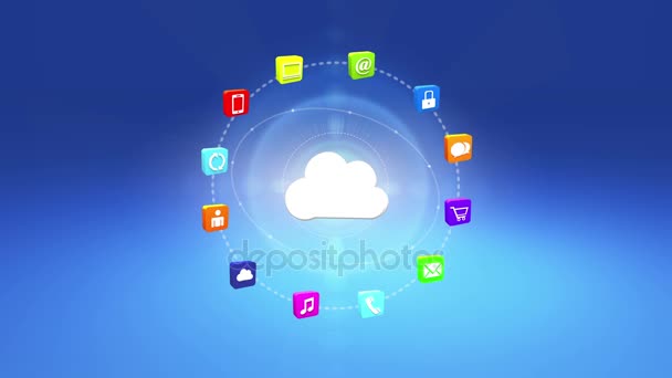4k, concepto de Internet, iconos de servicios en línea, redes sociales en torno al almacenamiento en la nube . — Vídeo de stock