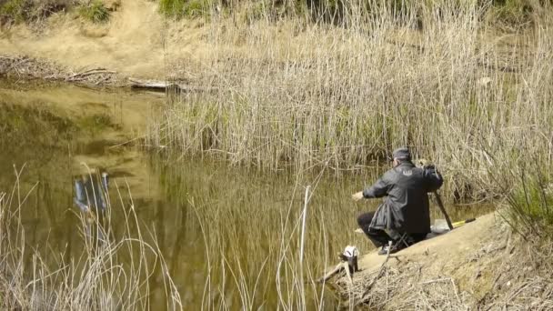 中国-Apr 22, 2017:Fisherman 風 lake.river 葦で釣り wilderness.elderly,le の揺れ — ストック動画