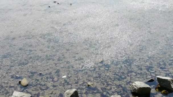 Açık ve şeffaf Repulse Bay dalgalanma, köpüklü Gölü, çakıl. — Stok video