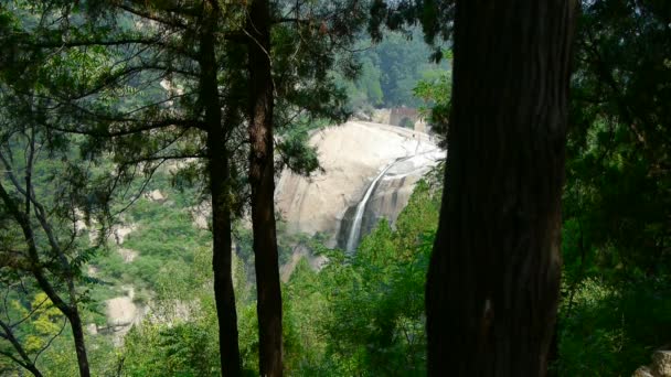 Berg vattenfall ström till pool från flera lager sten, skogar och buskar. — Stockvideo