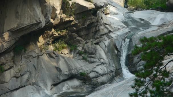 Bergwaterval beekje in zwembad van meerlagige steen, bossen en struiken. — Stockvideo