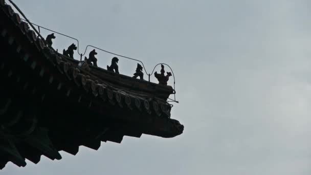 Скульптура на крыше карнизы, Китай древних architecture.carved лучи и окрашены построить — стоковое видео