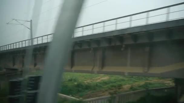 Viaggio in treno accelerato, paesaggio fuori finestra.Villaggi pianura albero terreni coltivabili.Viad — Video Stock