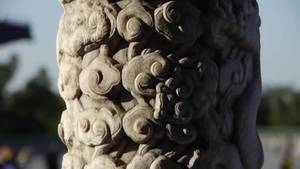 Yakından taş sütunlar oyulmuş heykel ve bulut desenleri. Çin antik binası. — Stok video