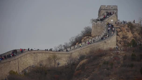 China-Sep 22,2016: visitante escalando la Gran Muralla en el pico de la montaña, China arquitectura antigua, fortres — Vídeo de stock