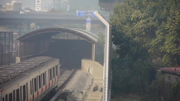 Subway through tunnel in beijing,haze pollution in urban city. — Stock Video