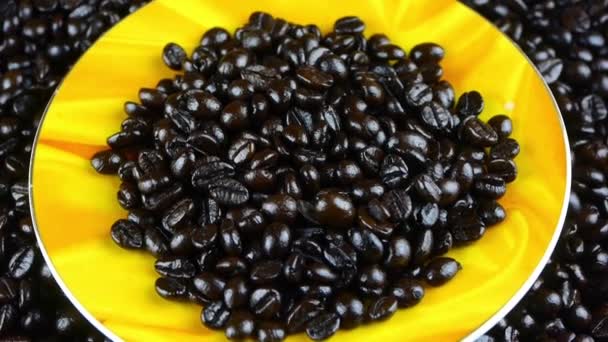 Coffee beans in cup saucer close up,top view. — Stock Video