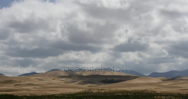 4k uzakta çöl kumulları bulut haddeleme altında. — Stok video