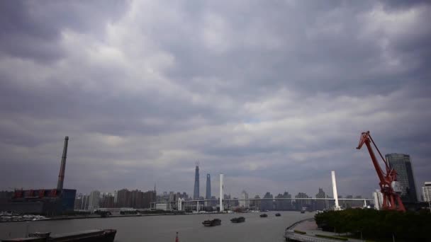 Time lapse,busy shipping on river,across the sea bridge,modern urban building. — Stock Video