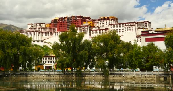 4k Potala reflection on lake in Lhasa park,Tibet.lake with willow. — Stock Video