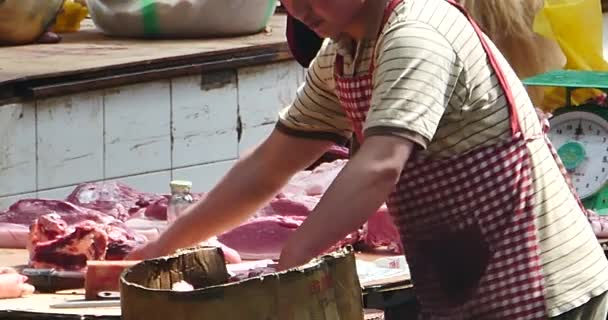 Chiny-Sep 12, 2016:4 k rzeźnik sprzedaży świeżego mięsa w lokalnym rynku azjatyckiego, Chiny Shangri-La. — Wideo stockowe