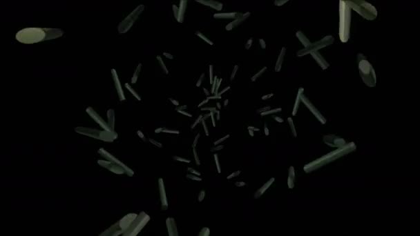 4k 3D-Stick Trümmer überqueren Shuttle durch Kanal, Partikel Design Hintergrund — Stockvideo