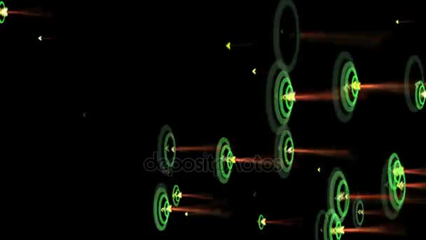 4 k リップル波、振動リズム粒子エネルギー、ネオン花火、矢印のターゲットを打つ — ストック動画