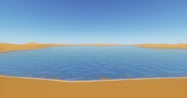 4 k okyanus ve Mavi Göl, çöl kum tepeleri, geniş gökyüzü.