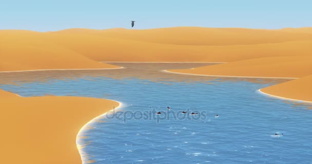 4k Fischschwarm schwimmt im glänzenden Fluss, der durch die Wüste fließt, Adler schwebt über mäandernden Sanddünen & blauem Himmel. — Stockvideo