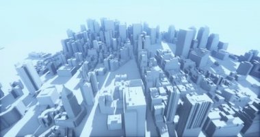 3B sanal geometrik şehir binaları, web teknoloji üzerinde uçan 4 k soyut kentsel,.