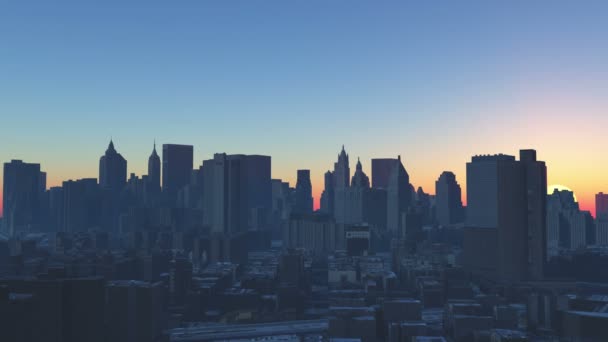 4 k stedelijke zonsopgang, New York, moderne zakelijke gebouw silhouet. — Stockvideo