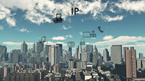 4k, Actualizar la información a la nube, descargar datos a los iconos urbanos modernos, Internet — Vídeo de stock