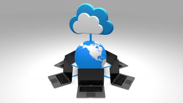 4k, aktualizaci informativní mrak, otáčení země a laptop, Cloud Computing koncepce — Stock video