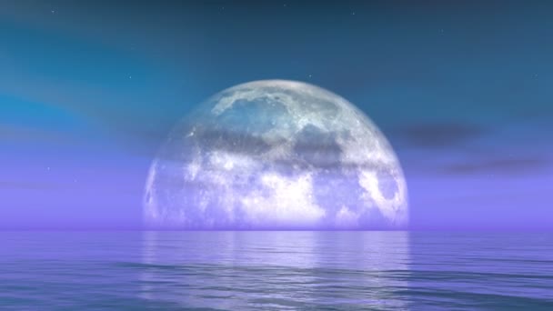 4k Zeitraffer Vollmond steigt aus dem Wasser, Science-Fiction-Szene, violette Wolke. — Stockvideo