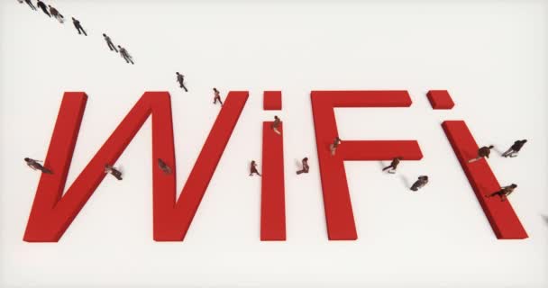 4 k 人が wifi シンボル、ハイテク web サインの上に歩いて. — ストック動画