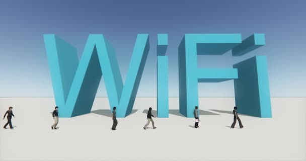 4 k ανθρώπους που περπατούν στο μπροστινό μέρος του wifi σύμβολο, σύμβολο web tech. — Αρχείο Βίντεο