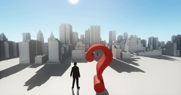 4k uomo d'affari in piedi sulla cima del punto interrogativo 3d, e si affacciano l'edificio urbano astratto, impero degli affari . — Video Stock