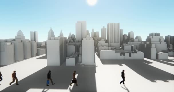 4 k mensen uit het bedrijfsleven lopen op de voorzijde van abstracte stedelijke gebouw, zakenimperium. — Stockvideo