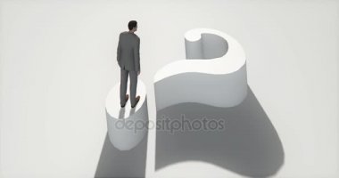 3D soru işareti üstünde duran 4 k işadamı.