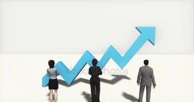 4 k iş takım ayakta 3d mavi pozitif eğilim ok üstünde.