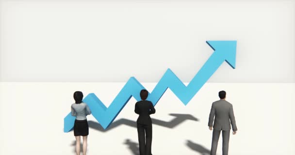 4 k business team staande op de bovenkant van 3D-blauwe positieve trend pijl. — Stockvideo