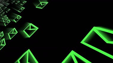 4k, E-posta zarf, uçan posta, gelecekteki tech ekran arka planı.