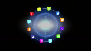 4 k, Internet kavramı, çevrimiçi hizmetler simgeler, ray ışık ile sosyal medya.