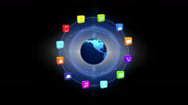 4 k, Internet kavramı, çevrimiçi hizmetler simgeler, dünya döner etrafında sosyal medya.