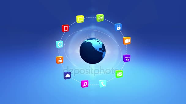 4k,internet concept,online services icons,social media around rotating earth. — Stock Video