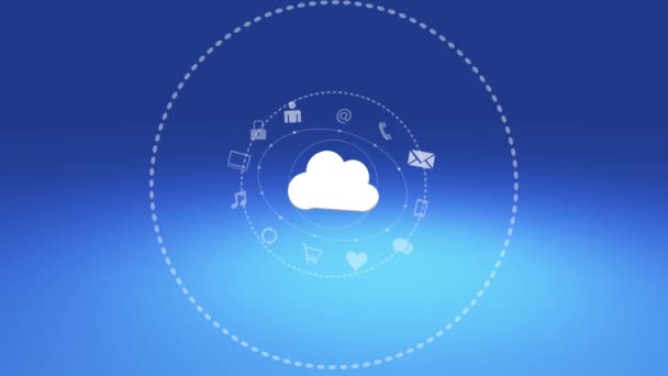 4k, concepto de Internet, iconos de servicios en línea, redes sociales en torno al almacenamiento en la nube . — Vídeo de stock