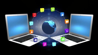 4k, Internet kavramı, çevrimiçi hizmetler simgeler, dünya, dizüstü bilgisayar arka plan döndürme.