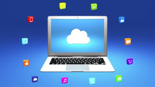 4k, concepto de Internet, iconos de servicios en línea, redes sociales alrededor de la computadora en la nube . — Vídeo de stock